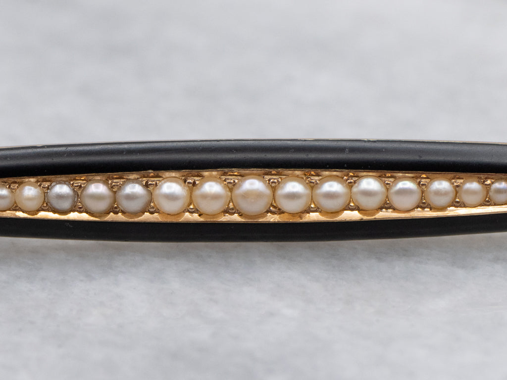 Gothic Black Enamel and Seed Pearl Gold Vintage Bar Pin