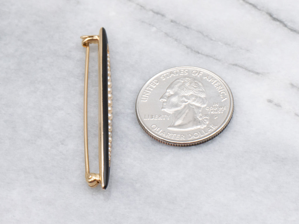 Gothic Black Enamel and Seed Pearl Gold Vintage Bar Pin