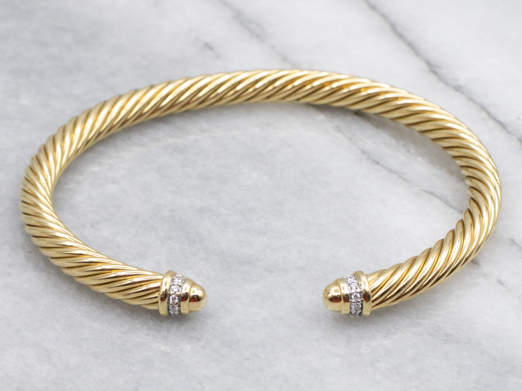 David Yurman Diamond Twisted Yellow Gold Cuff Bracelet