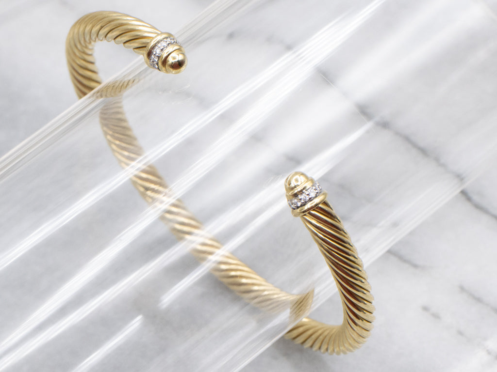David Yurman Diamond Twisted Yellow Gold Cuff Bracelet