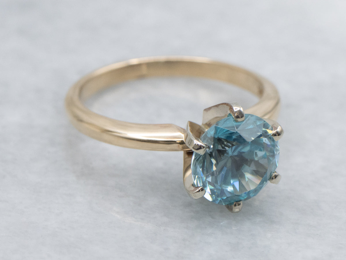 Round-Cut Blue Zircon Two-Tone Solitaire Ring