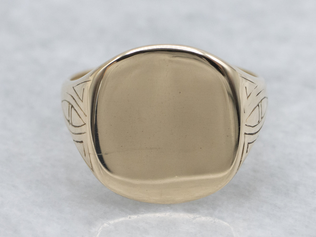 Vintage Gold Square-Top Signet Ring with Greek Key Pattern