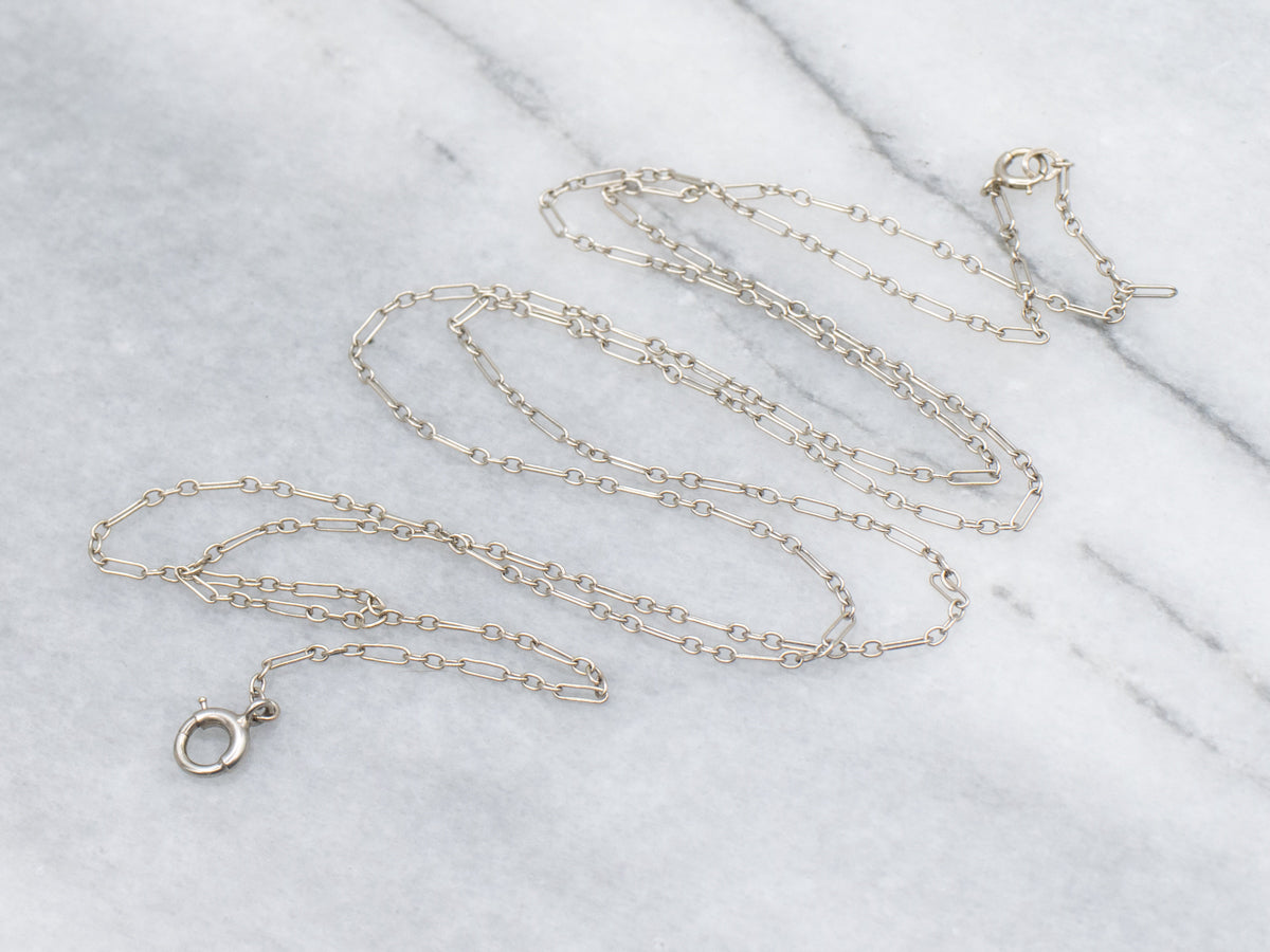 Long Elongated Oval and Rolo Link White Gold Lariat Chain