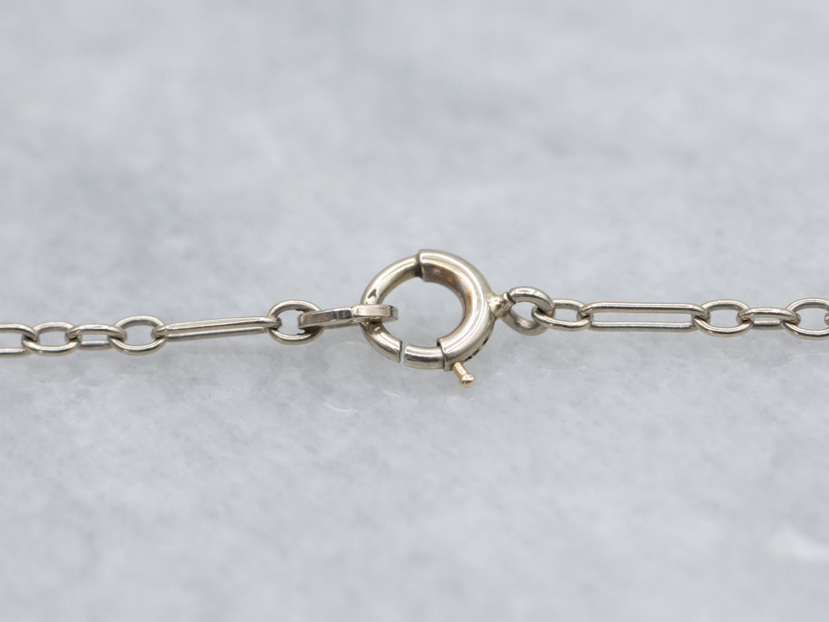 Long Elongated Oval and Rolo Link White Gold Lariat Chain