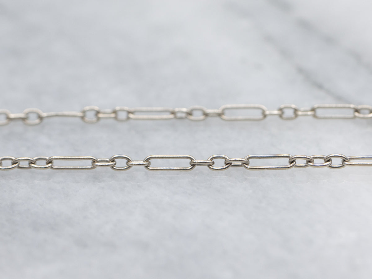 Long Elongated Oval and Rolo Link White Gold Lariat Chain