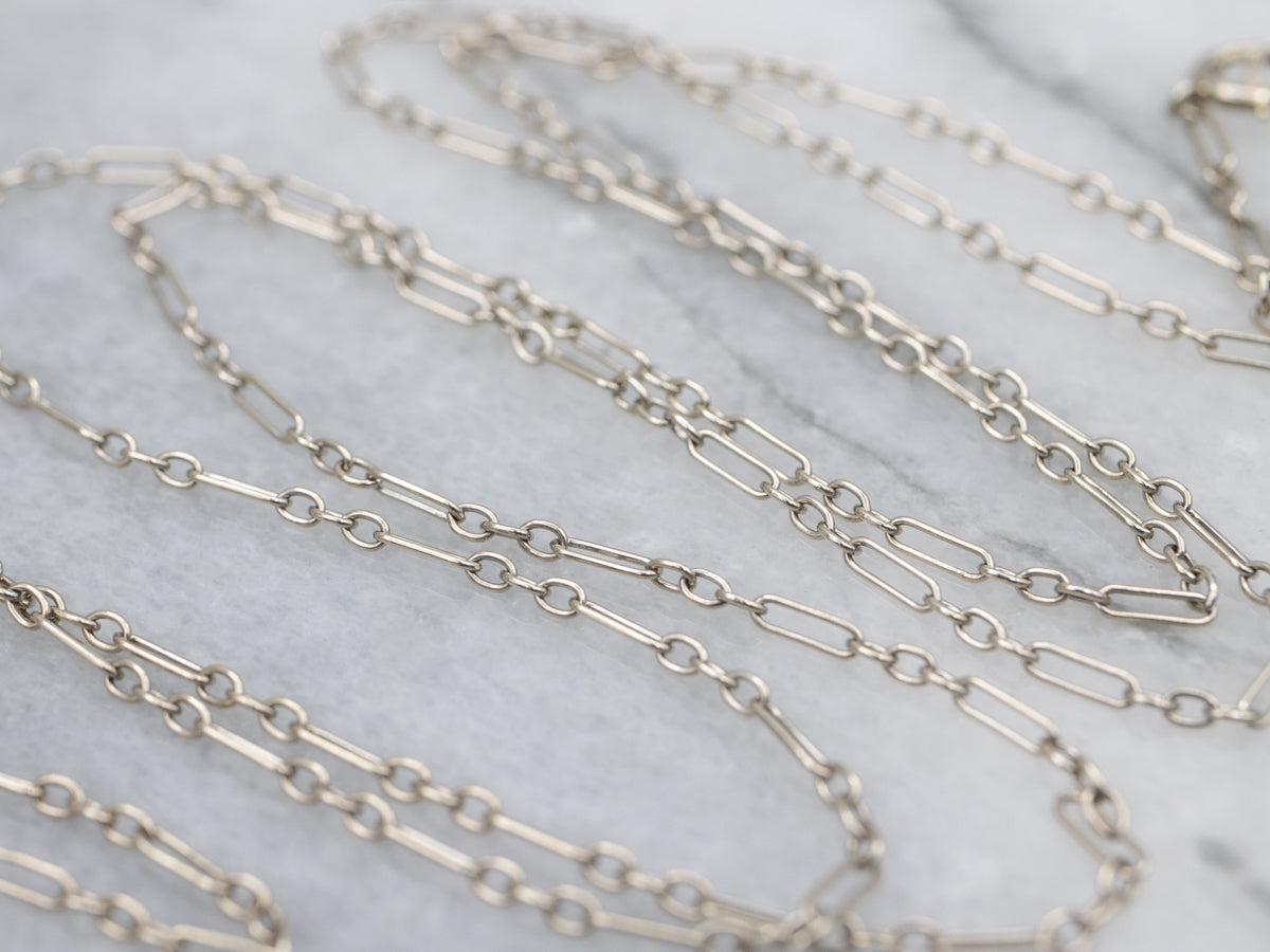 Long Elongated Oval and Rolo Link White Gold Lariat Chain