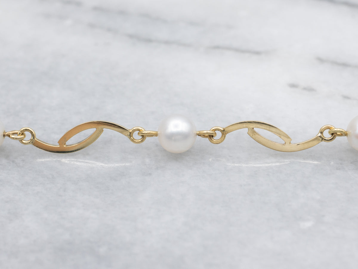 Saltwater Pearl Yellow Gold Curved Link Bracelet