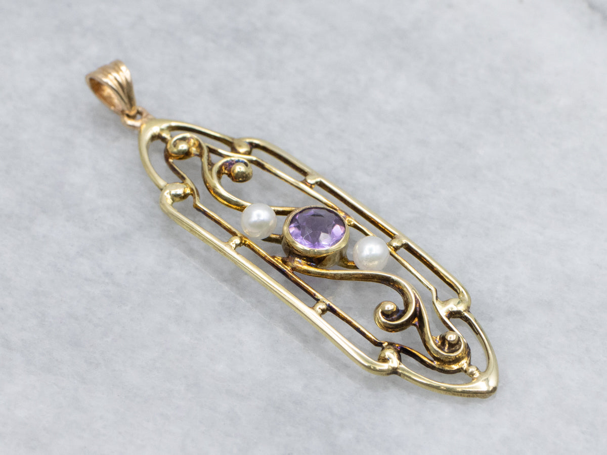 Antique Amethyst and Pearl Scrolling Gold Brooch Conversion Pendant