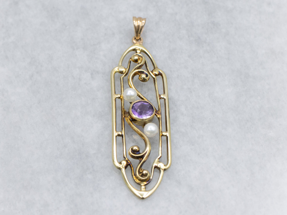 Antique Amethyst and Pearl Scrolling Gold Brooch Conversion Pendant