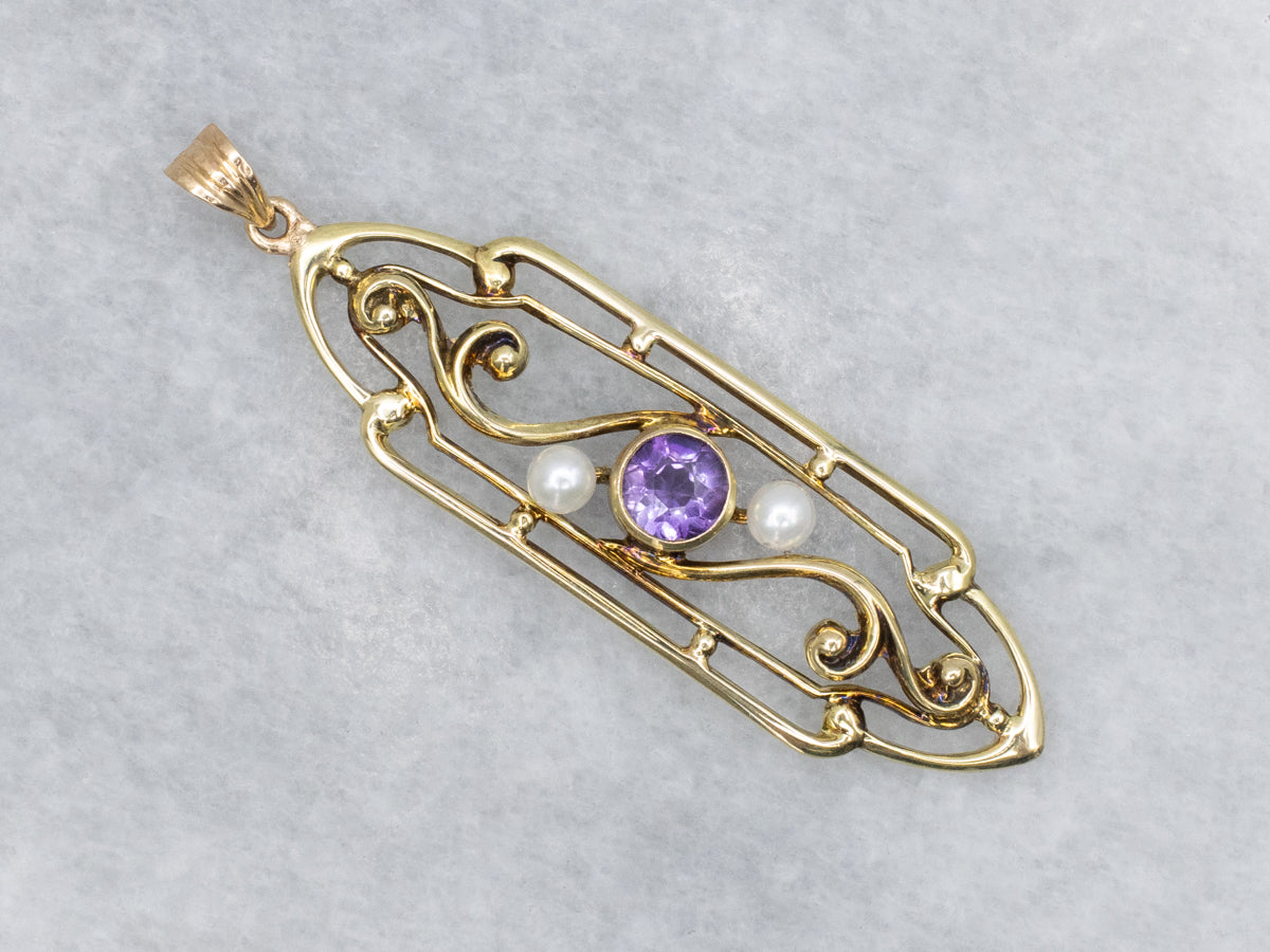 Antique Amethyst and Pearl Scrolling Gold Brooch Conversion Pendant