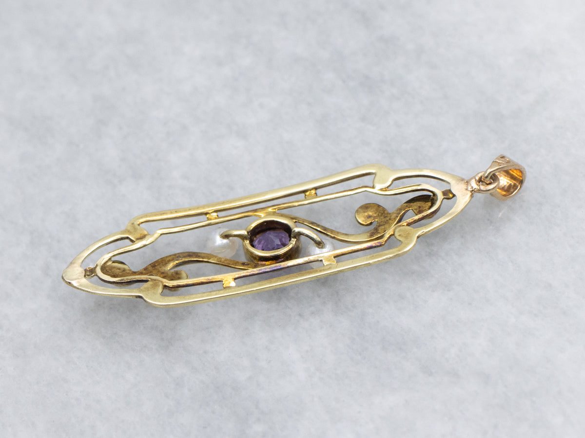 Antique Amethyst and Pearl Scrolling Gold Brooch Conversion Pendant