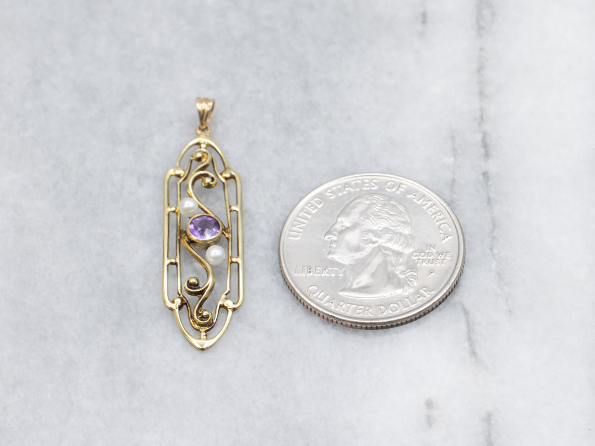 Antique Amethyst and Pearl Scrolling Gold Brooch Conversion Pendant