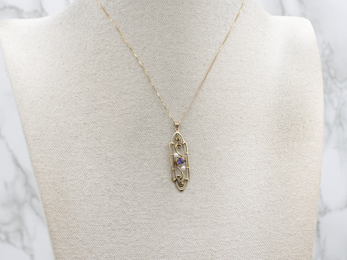 Antique Amethyst and Pearl Scrolling Gold Brooch Conversion Pendant