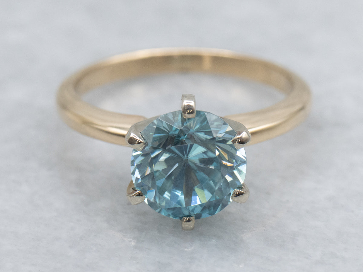Round-Cut Blue Zircon Two-Tone Solitaire Ring