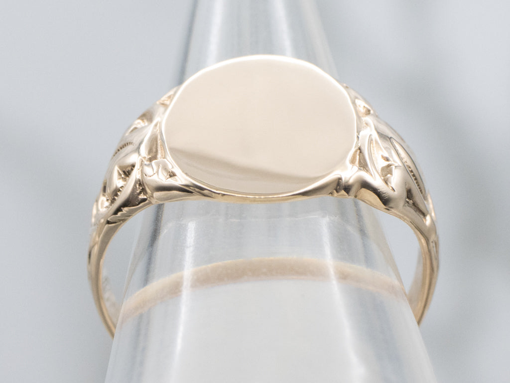 Men's Oval Top Signet Ring with Flourish Shoulders