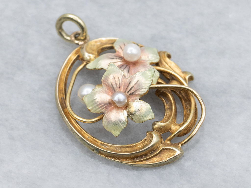 Art Nouveau Era Enamel and Pearl Flower Pendant