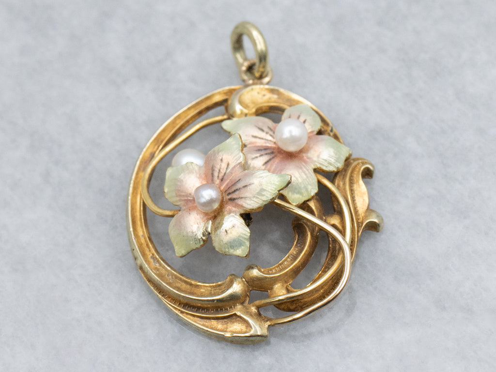 Art Nouveau Era Enamel and Pearl Flower Pendant