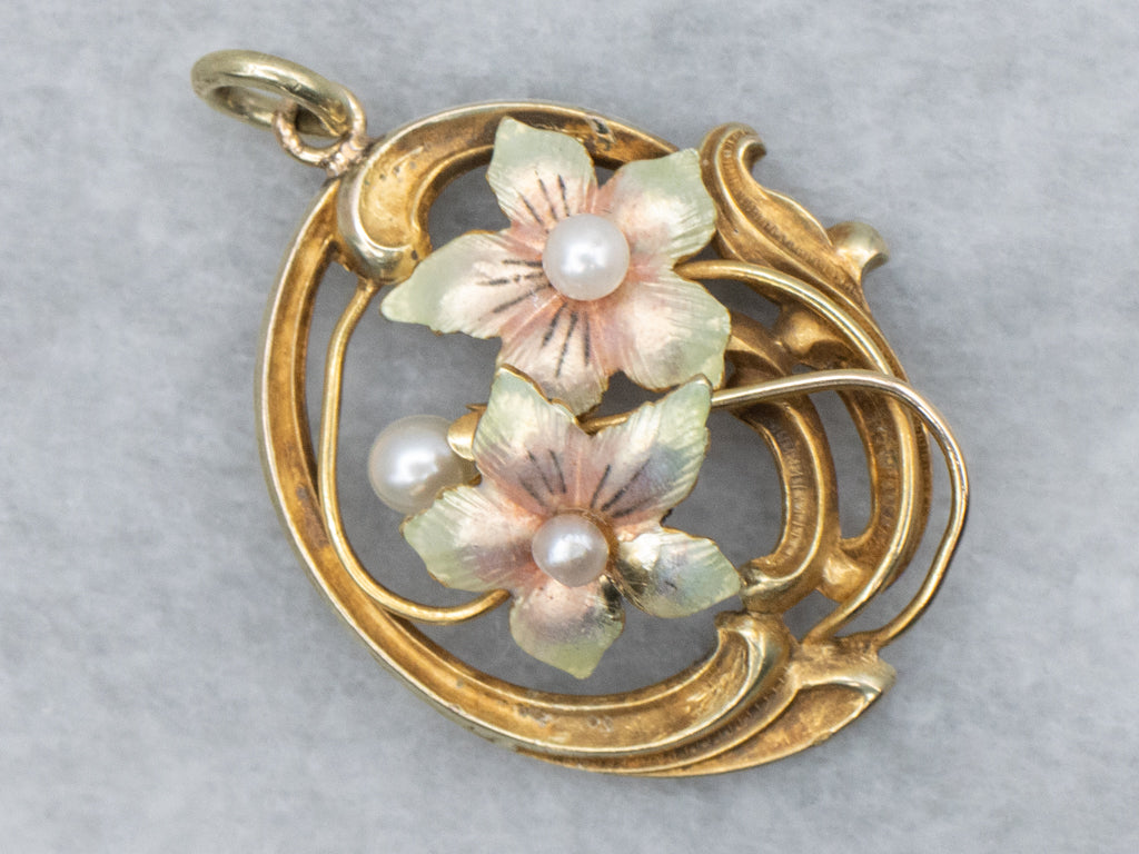 Art Nouveau Era Enamel and Pearl Flower Pendant