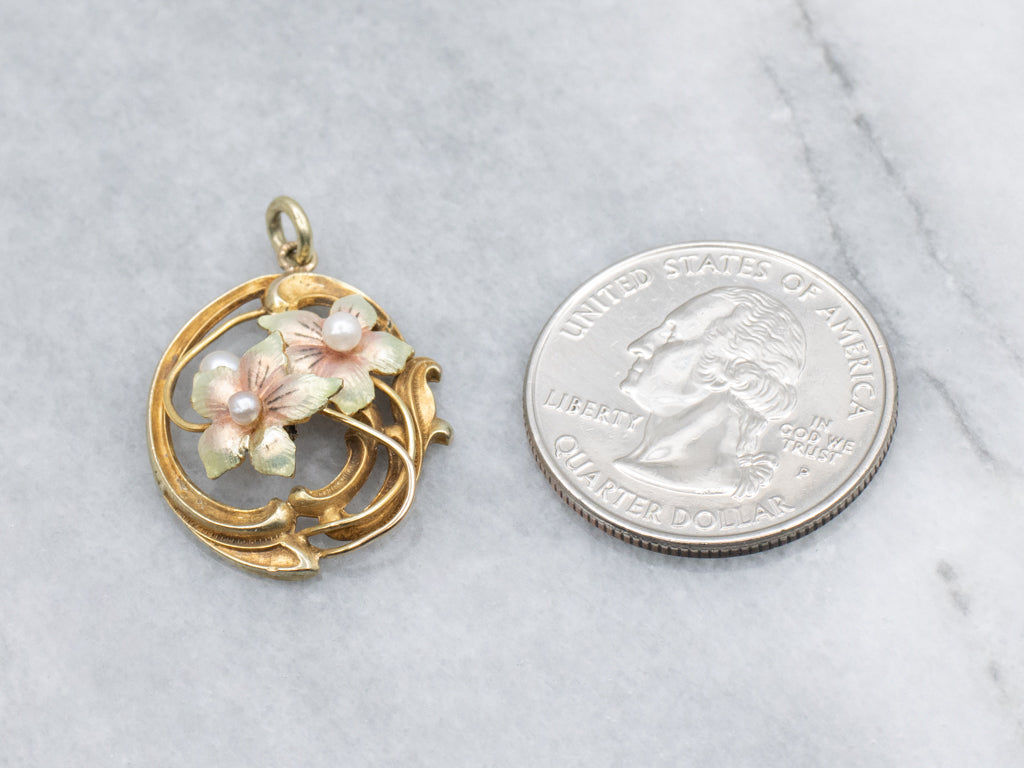 Art Nouveau Era Enamel and Pearl Flower Pendant