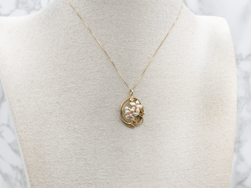 Art Nouveau Era Enamel and Pearl Flower Pendant