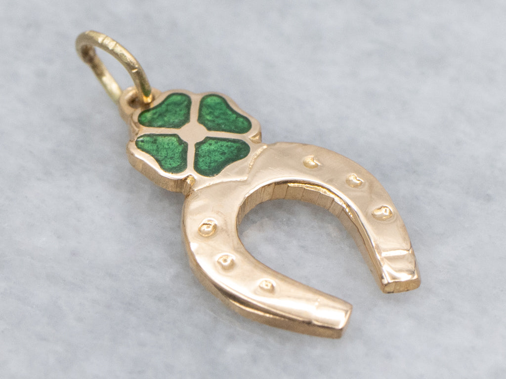 Green Enamel Four-Leaf Clover and Lucky Horseshoe Charm