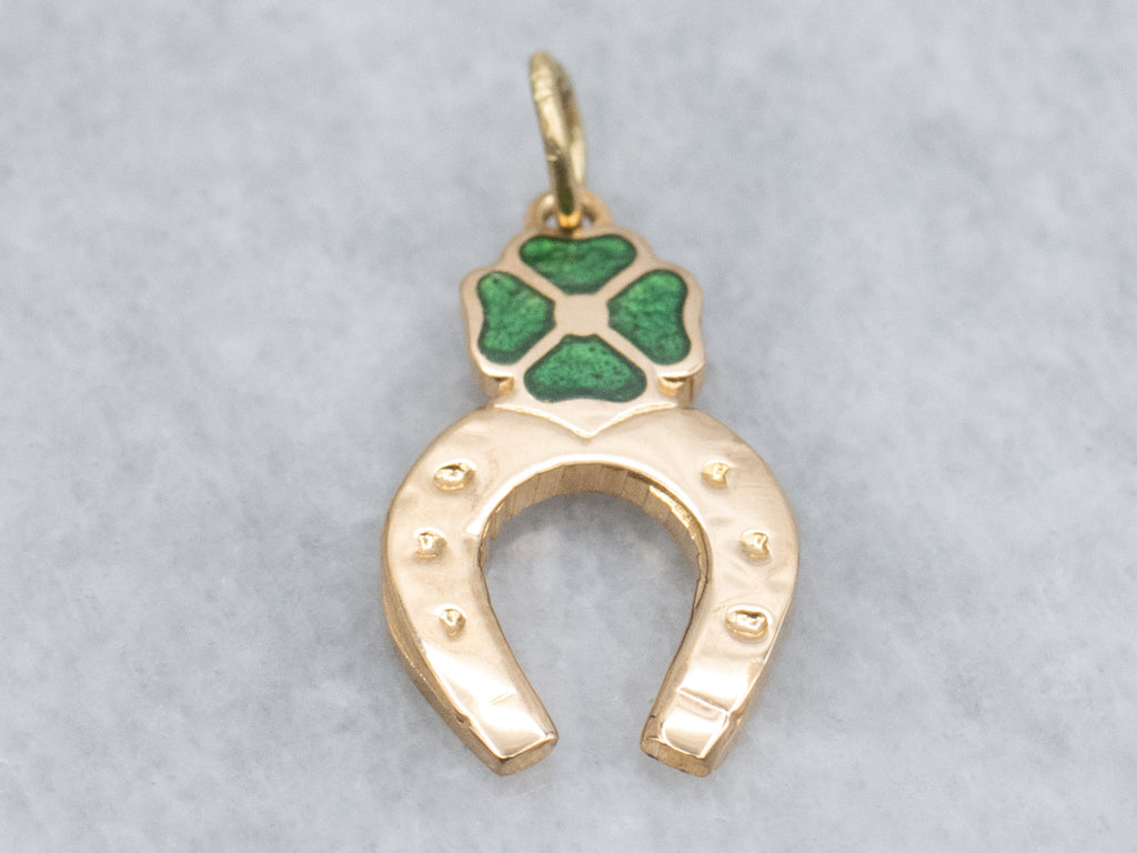 Green Enamel Four-Leaf Clover and Lucky Horseshoe Charm