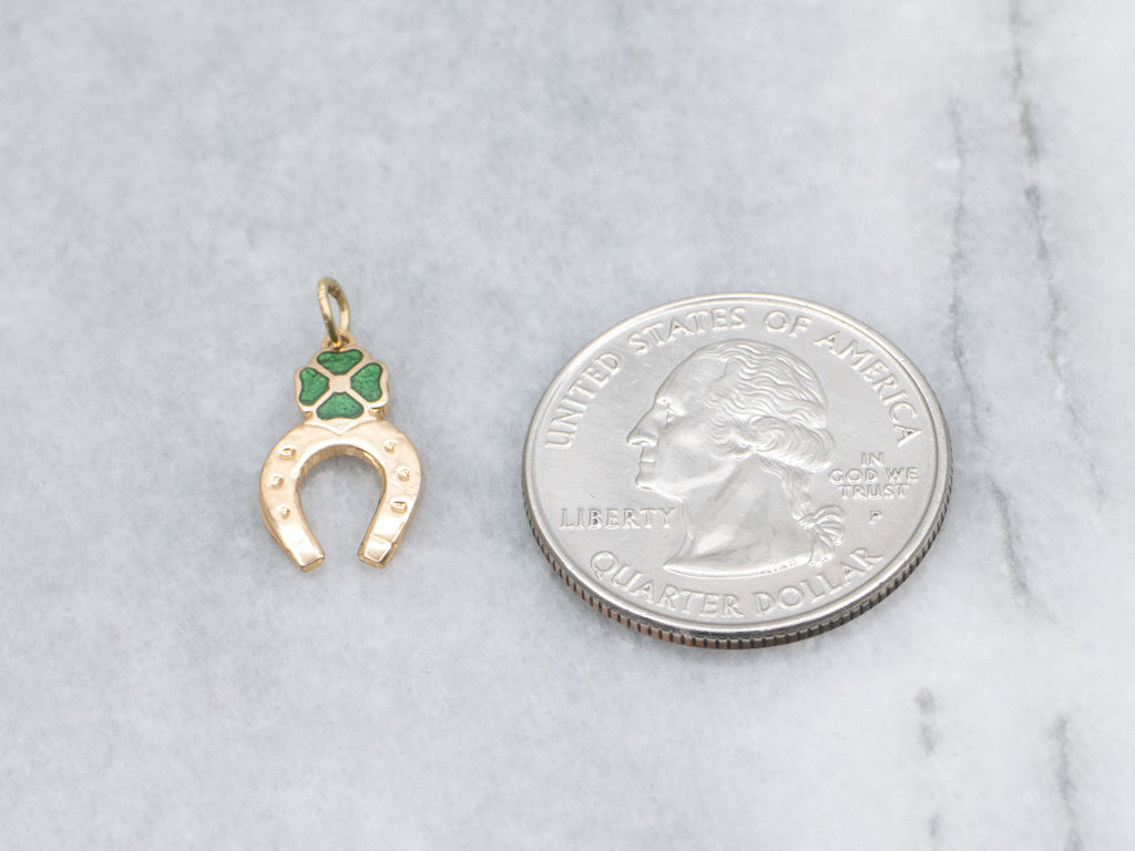 Green Enamel Four-Leaf Clover and Lucky Horseshoe Charm