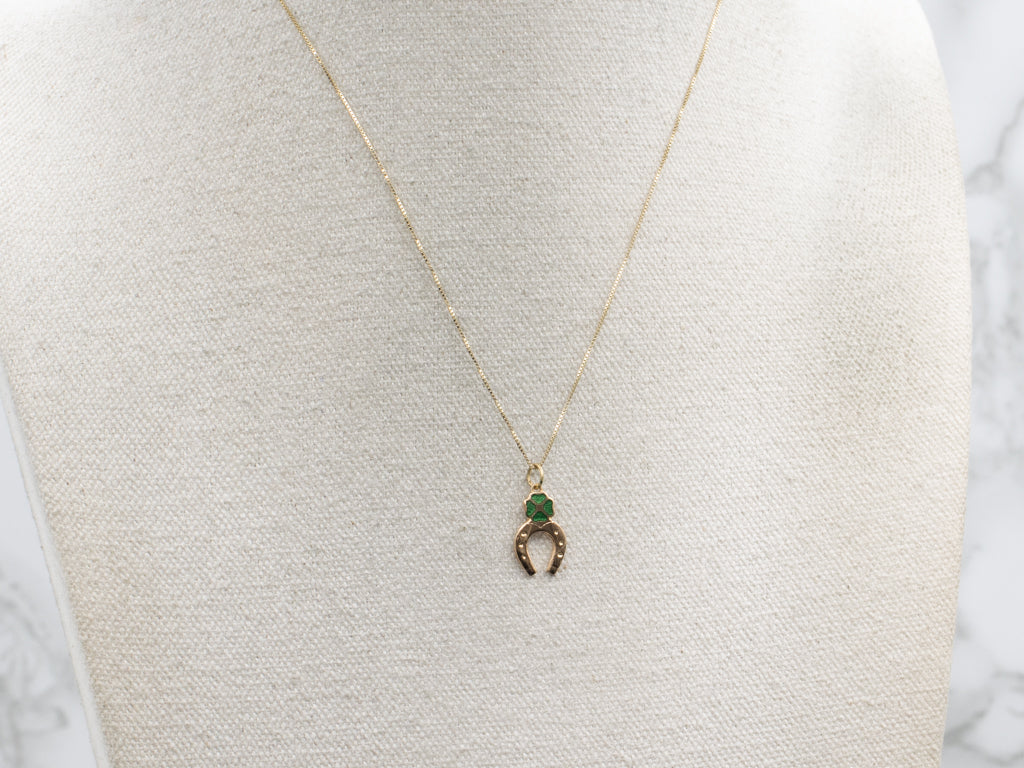 Green Enamel Four-Leaf Clover and Lucky Horseshoe Charm