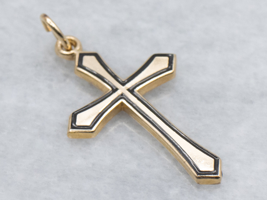 Vintage Yellow Gold Cross with Black Enamel Edge