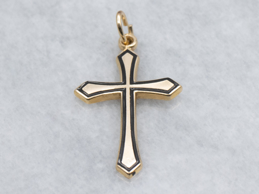 Vintage Yellow Gold Cross with Black Enamel Edge