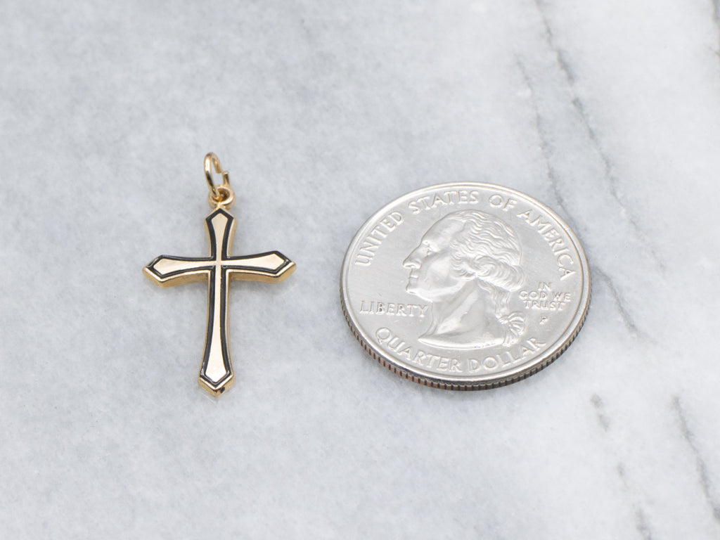 Vintage Yellow Gold Cross with Black Enamel Edge