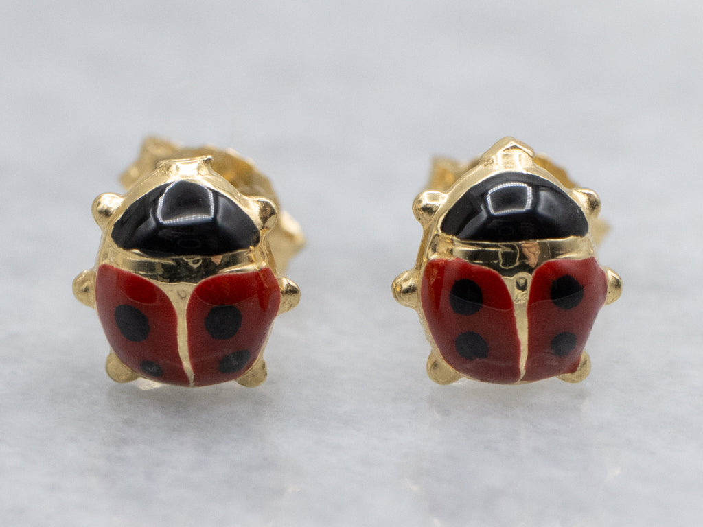 Enamel Ladybug and 18-Karat Gold Stud Earrings