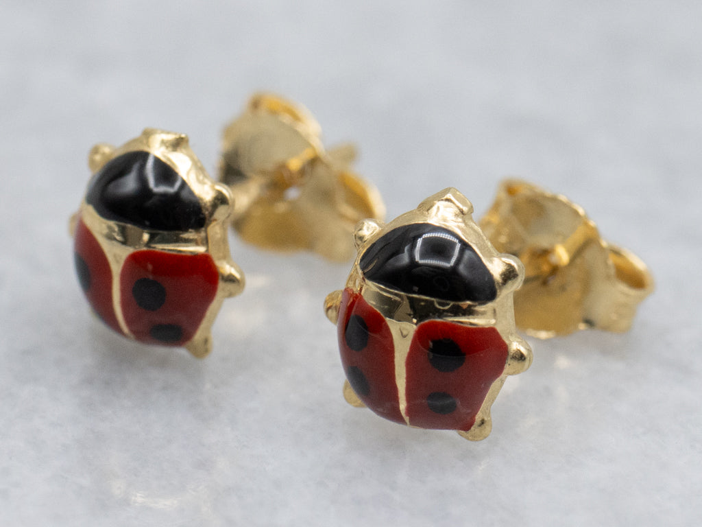 Enamel Ladybug and 18-Karat Gold Stud Earrings