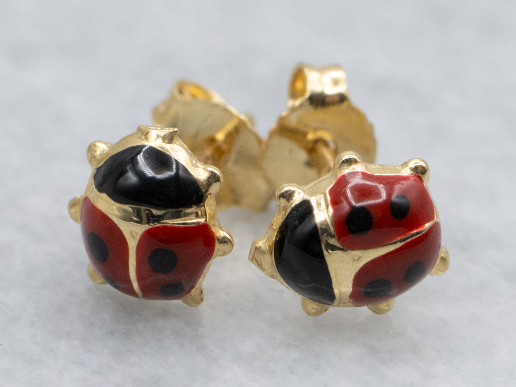Enamel Ladybug and 18-Karat Gold Stud Earrings