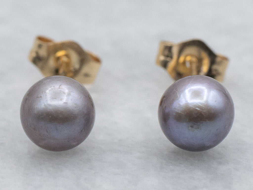 Classic Gray Pearl and Gold Stud Earrings