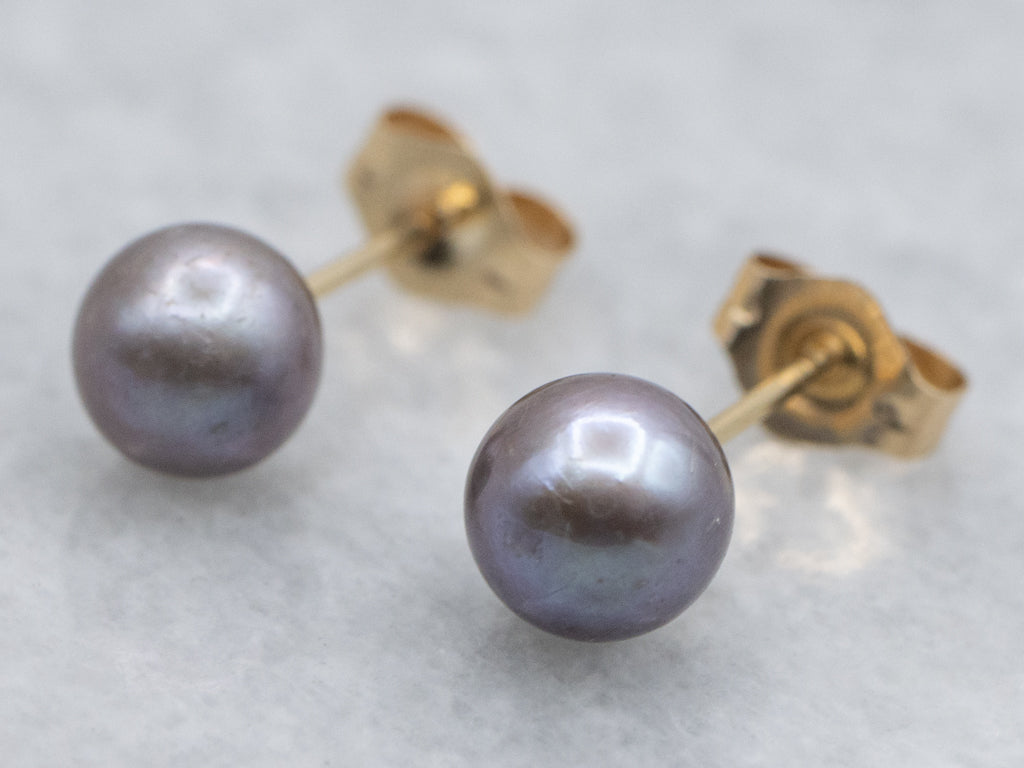 Classic Gray Pearl and Gold Stud Earrings