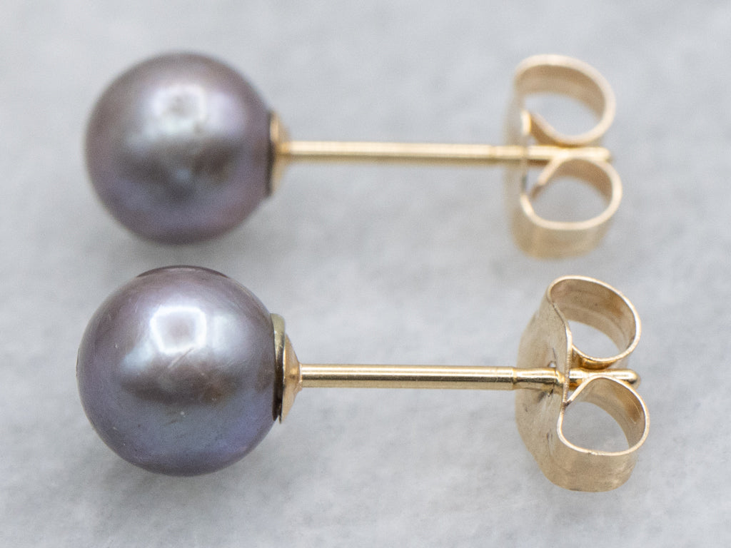 Classic Gray Pearl and Gold Stud Earrings