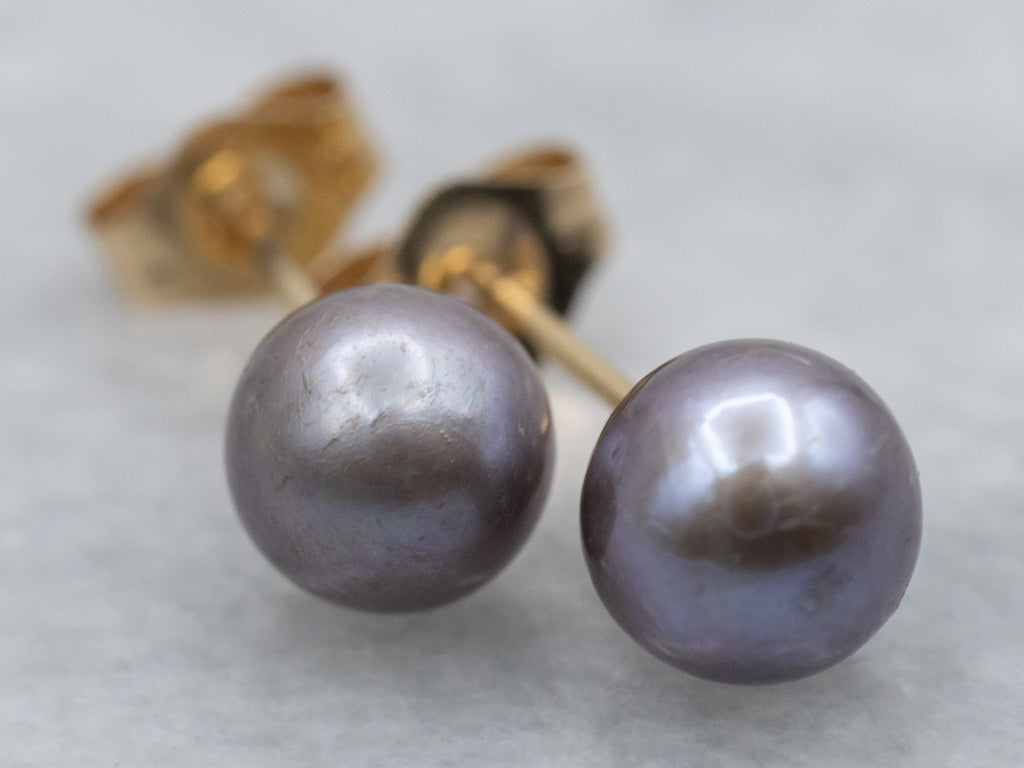 Classic Gray Pearl and Gold Stud Earrings