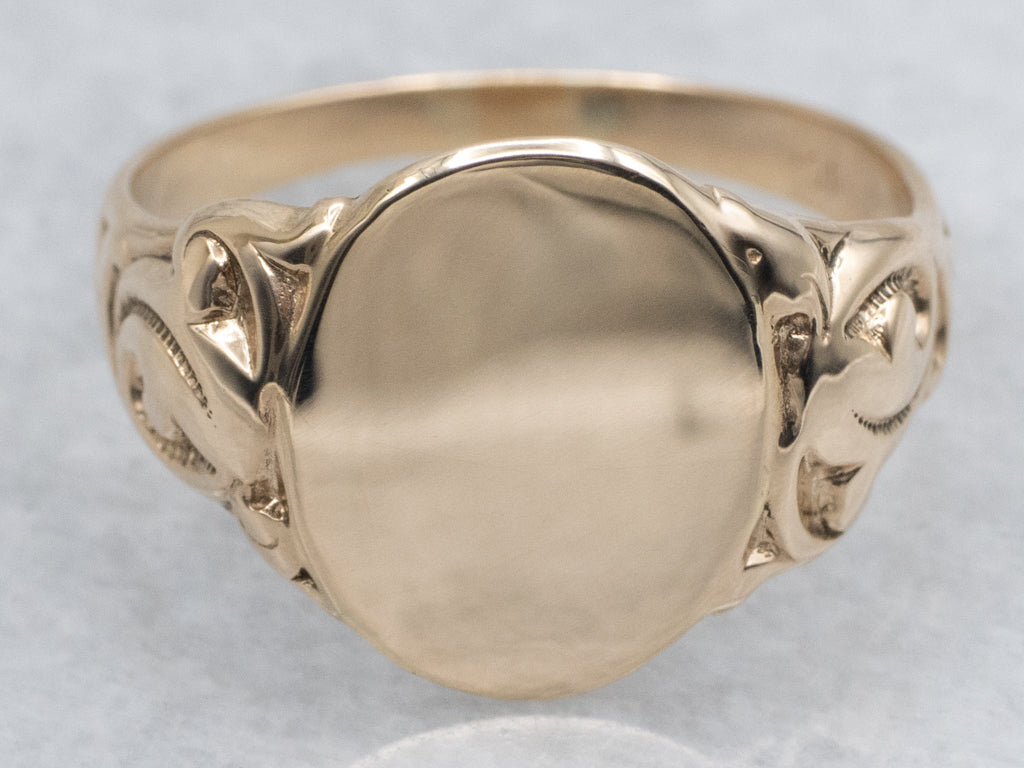 Men's Oval Top Signet Ring with Flourish Shoulders