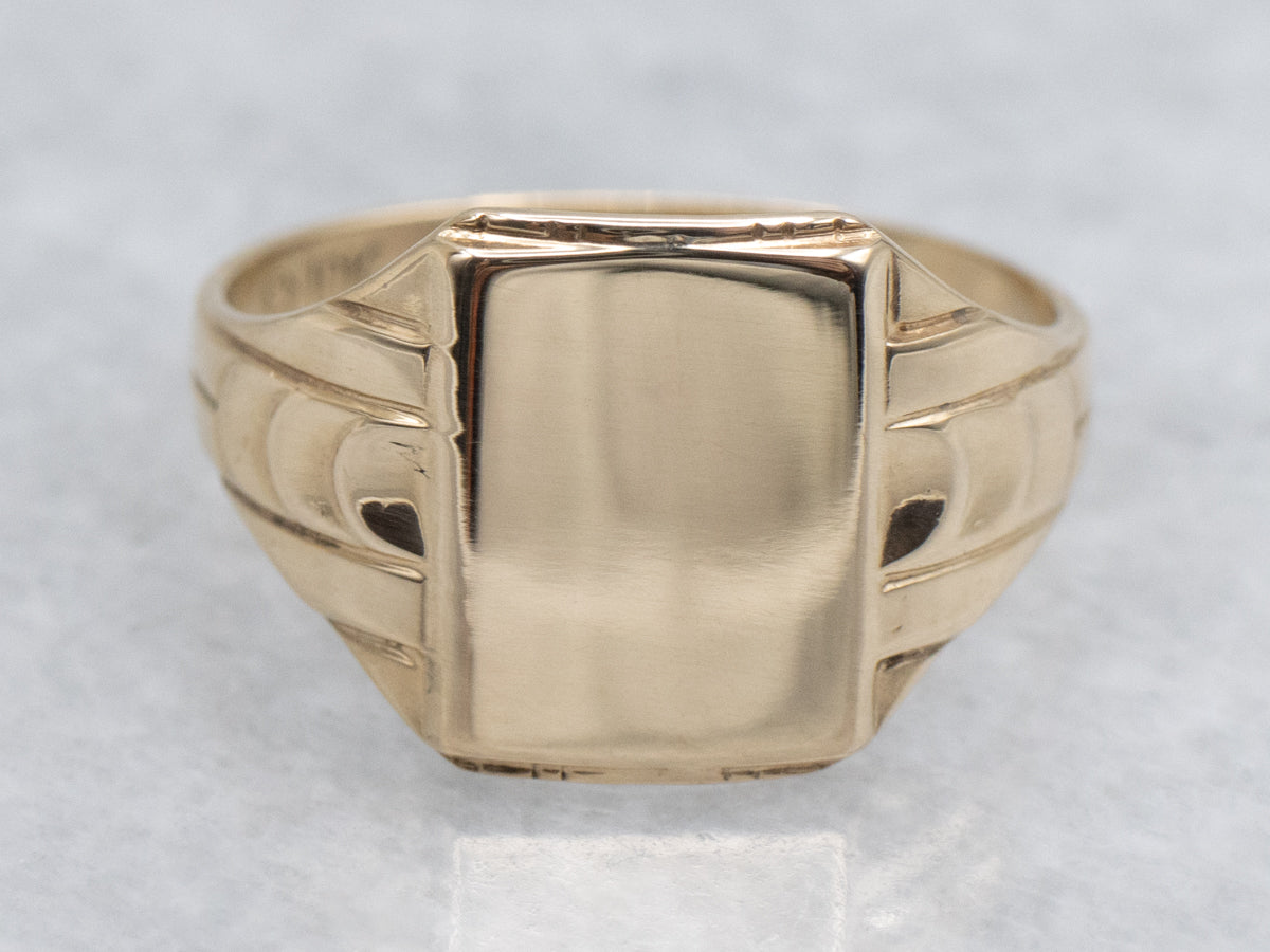 Rectangle-Top Retro 1940s Signet Ring with Decorated Shoulders