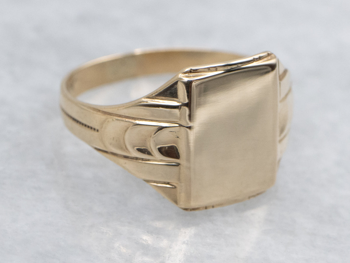 Rectangle-Top Retro 1940s Signet Ring with Decorated Shoulders