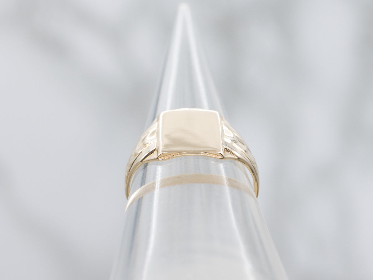 Rectangle-Top Retro 1940s Signet Ring with Decorated Shoulders