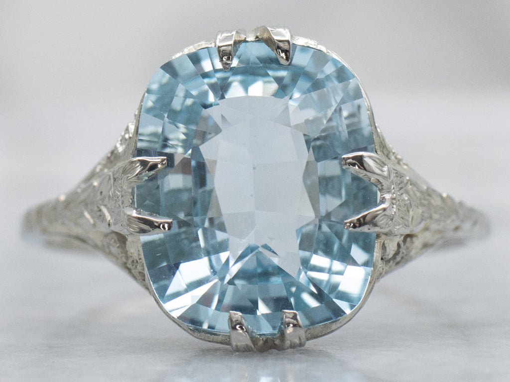 Art Deco Era Pretty Blue Topaz Solitaire Filigree Ring
