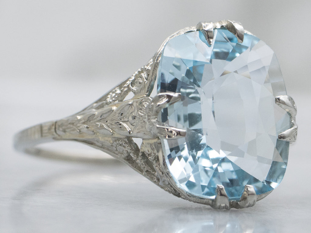 Art Deco Era Pretty Blue Topaz Solitaire Filigree Ring