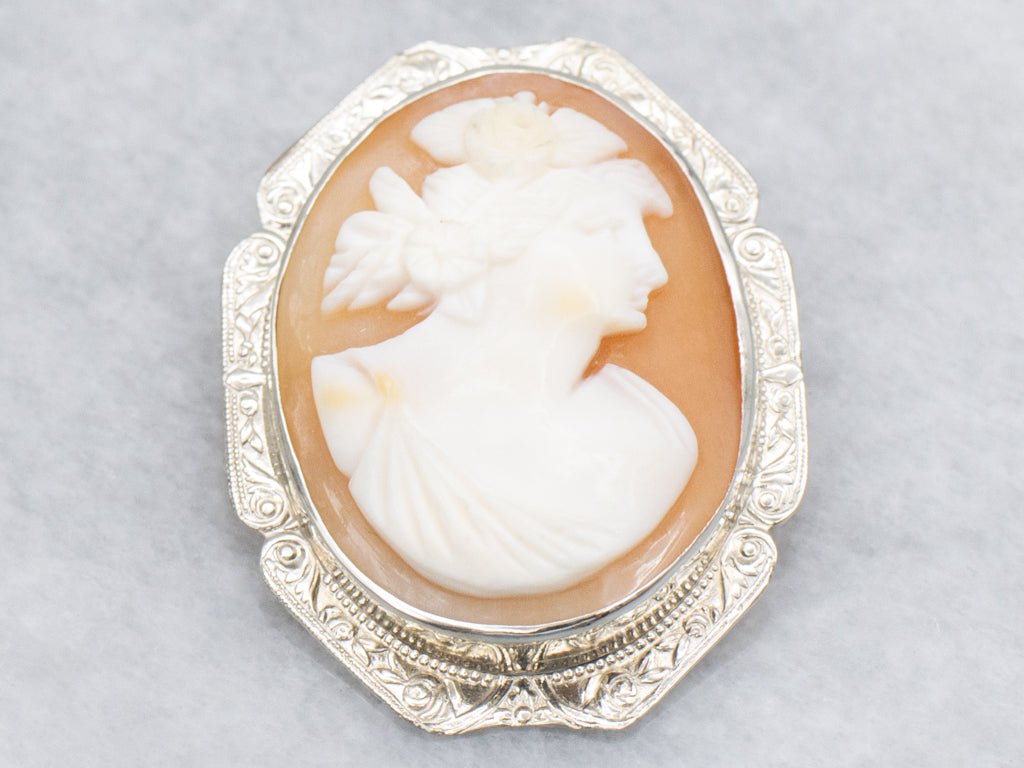 Art Deco Era Cameo Brooch with Floral Frame