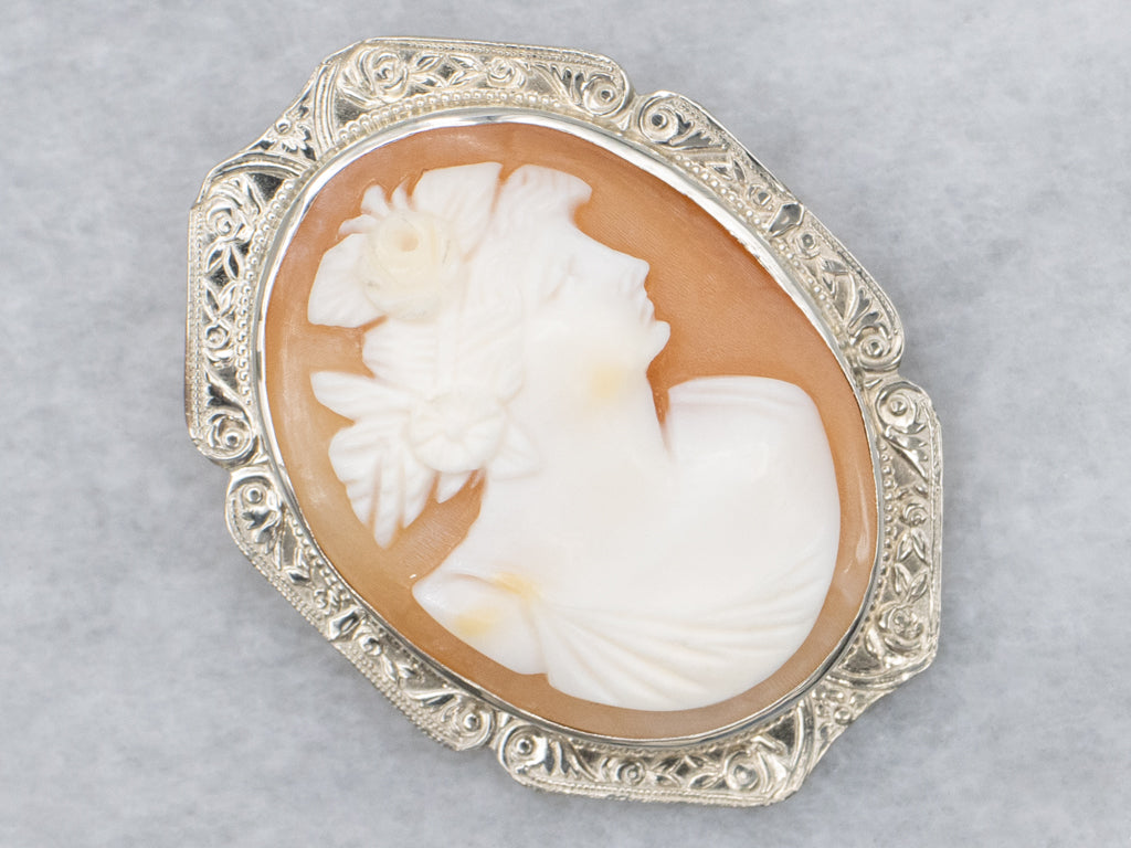 Art Deco Era Cameo Brooch with Floral Frame