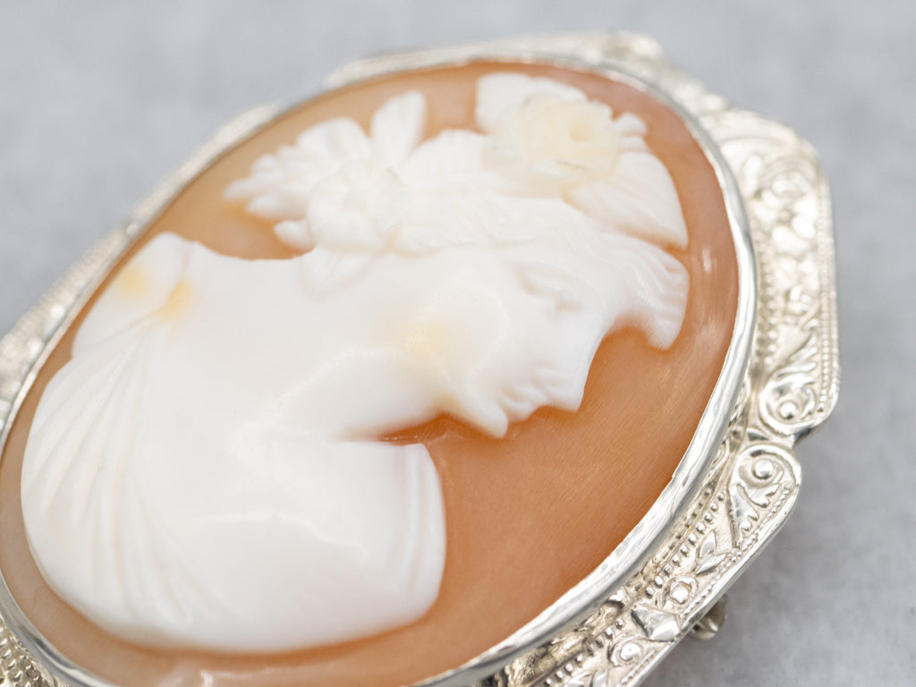 Art Deco Era Cameo Brooch with Floral Frame