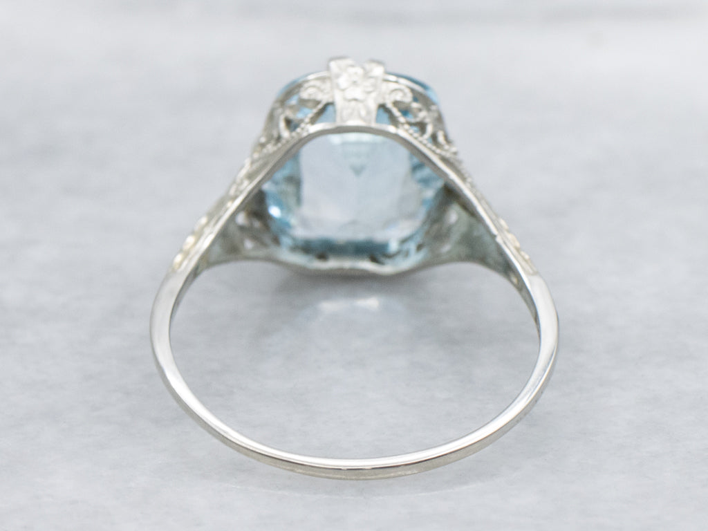 Art Deco Era Pretty Blue Topaz Solitaire Filigree Ring