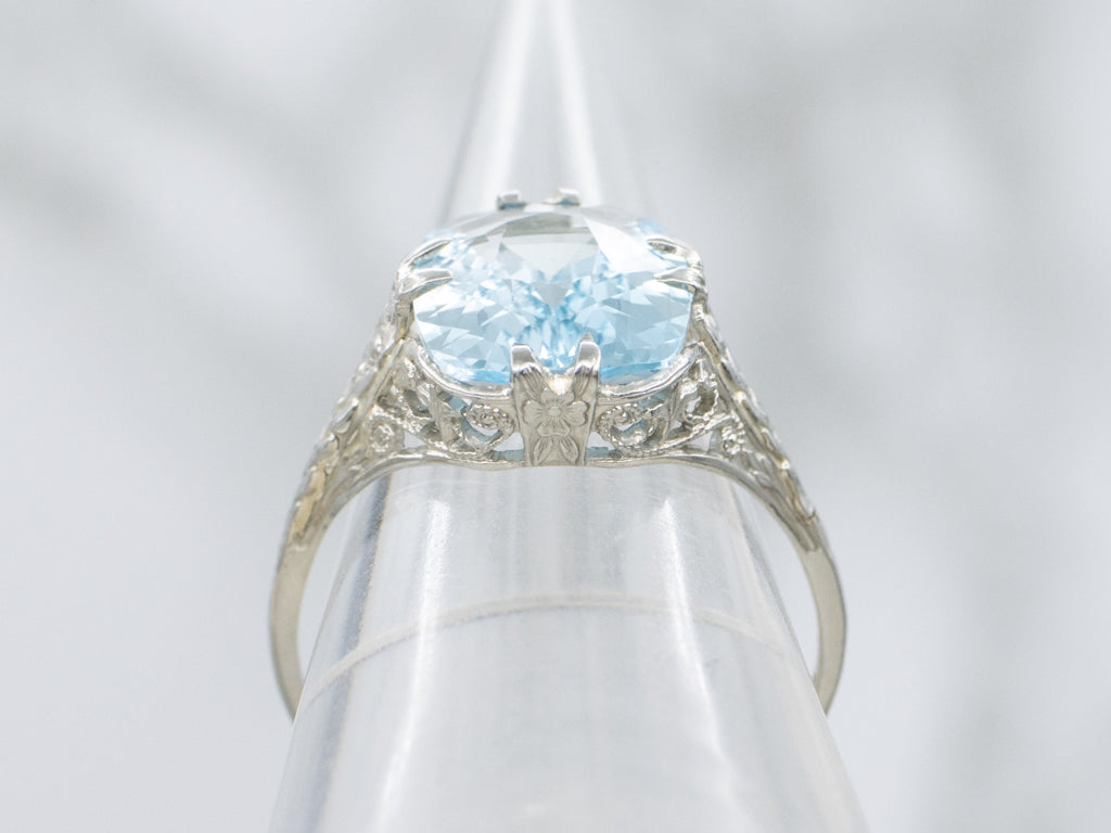 Art Deco Era Pretty Blue Topaz Solitaire Filigree Ring