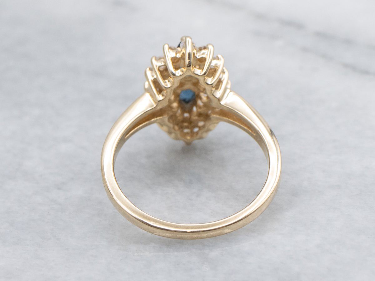Double Sapphire and Diamond Halo Yellow Gold Ring